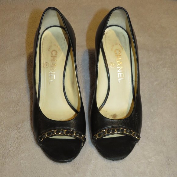 Chanel Black Leather Open Toe Platform Heels US 6 - Picture 1 of 12